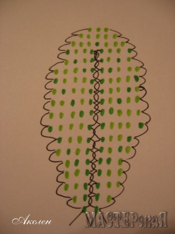 Листики состоят из двух оттенков зеленого бисера, темным отображаем прожилки листа, длинна проволоки примерно на большой лист 60см. Лист начинаем плести на одной проволоке на четвертом ряду присоединяем вторую проволоку
